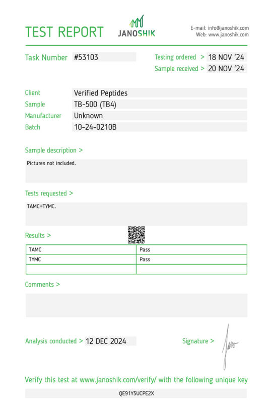 A TB-500 peptide sterility test for Verified Peptides.