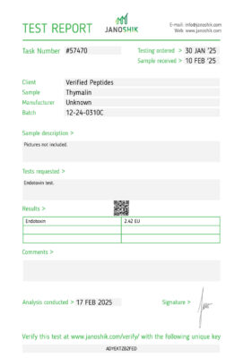 An endotoxin test report for our 10mg Thymalin peptides.
