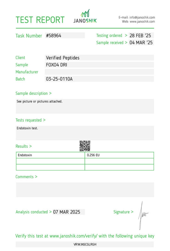 FOXO4-DRI Endotoxin Test Report March 2025