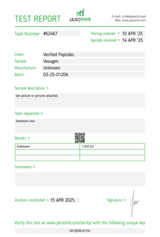 An endotoxin report for our pure Vesugen peptide available online.