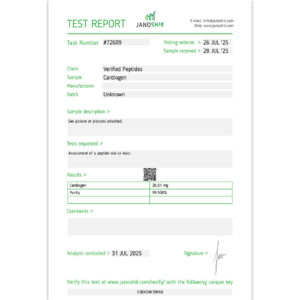 Certificate of Analysis Lab Test Report July 2025 for Cardiogen Peptide