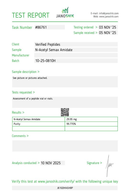 N-Acetyl Sem@x Am Peptide Purity Certificate of Analysis Lab Test Report October 2025