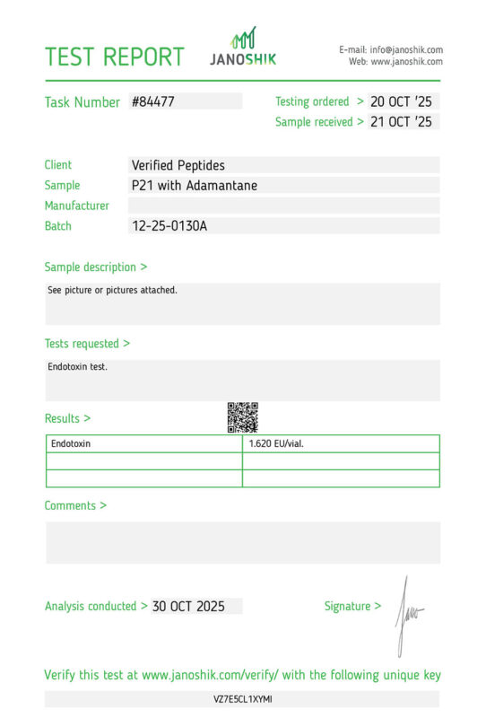 p21 Peptide Endotoxin Certificate of Analysis Lab Test Report October 2025