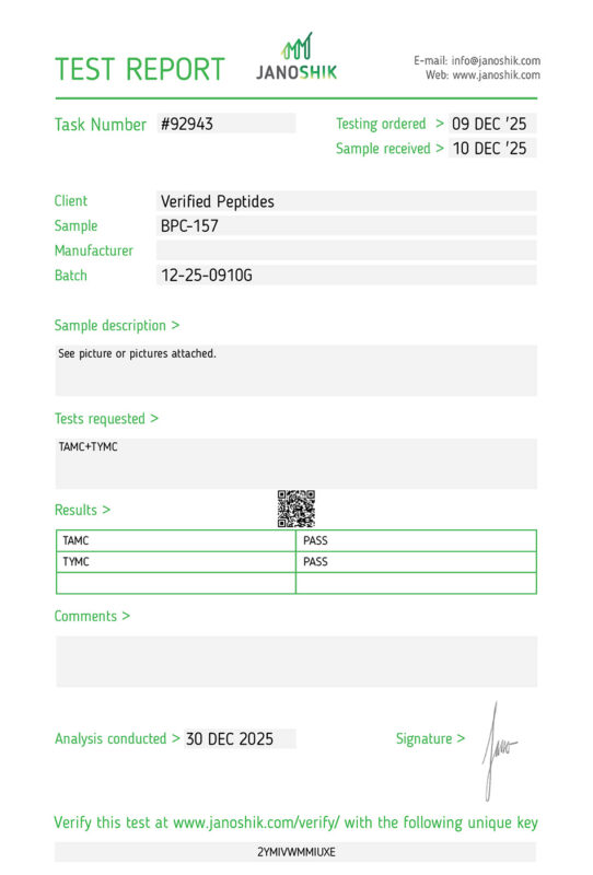 BPC-157 Peptide Sterility Certificate of Analysis Lab Test Report December 2025