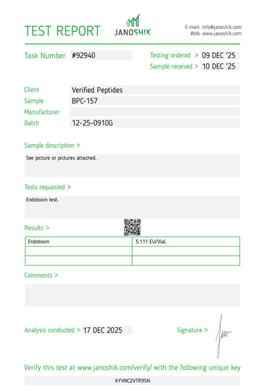 BPC-157 Peptide Endotoxin Certificate of Analysis Lab Test Report December 2025