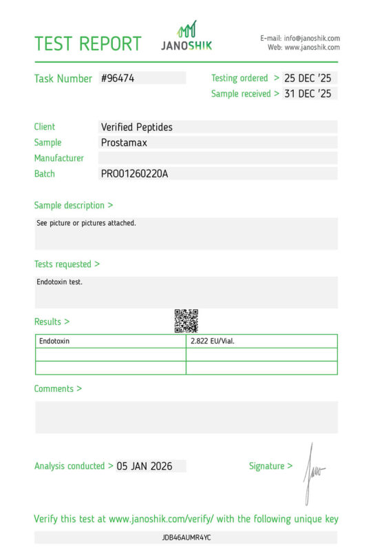 Prostamax Peptide Endotoxin Certificate of Analysis Lab Test Report January 2026