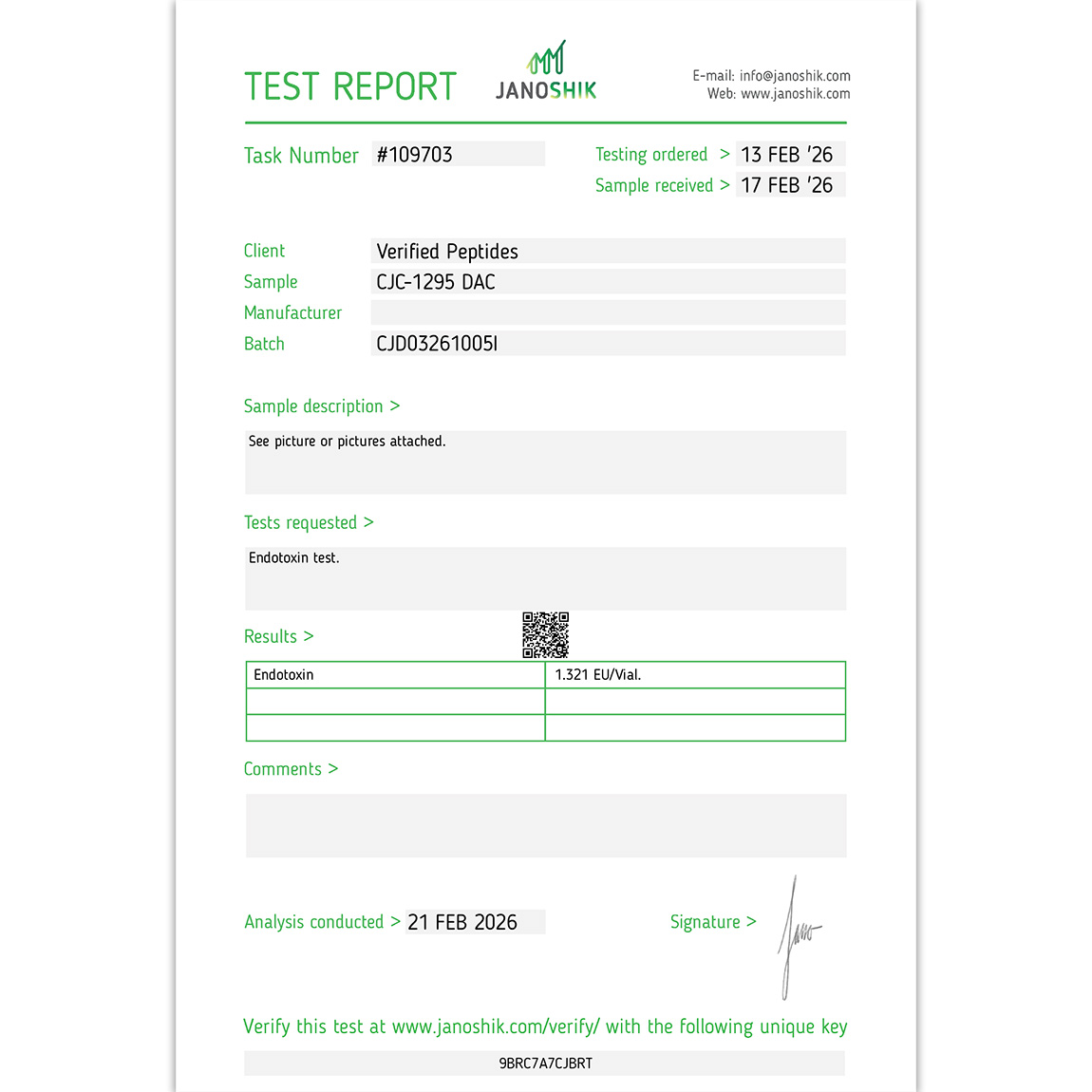 CJC1295 DAC Peptide Endotoxin Certificate of Analysis Lab Test Report February 2026