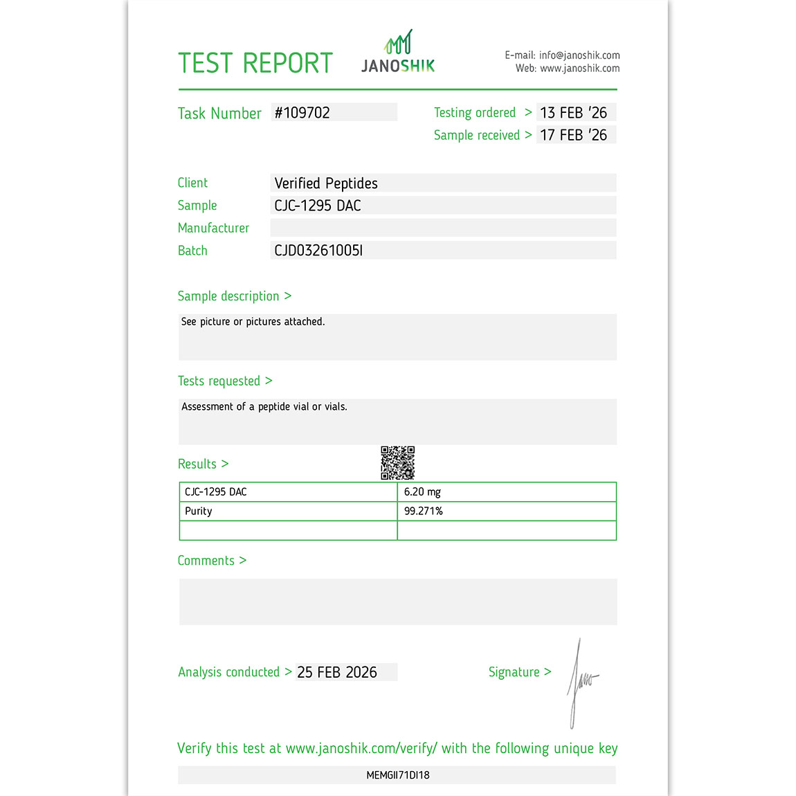CJC1295 DAC Peptide Purity Certificate of Analysis Lab Test Report February 2026