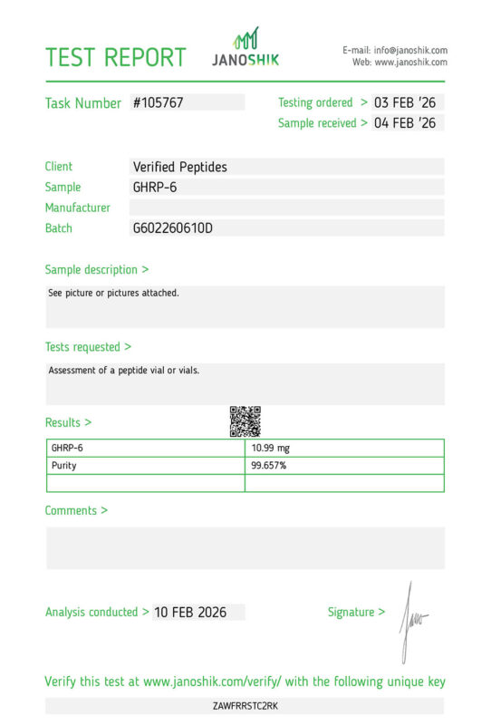 GHR-6 Peptide Purity Certificate of Analysis Lab Test Report February 2026