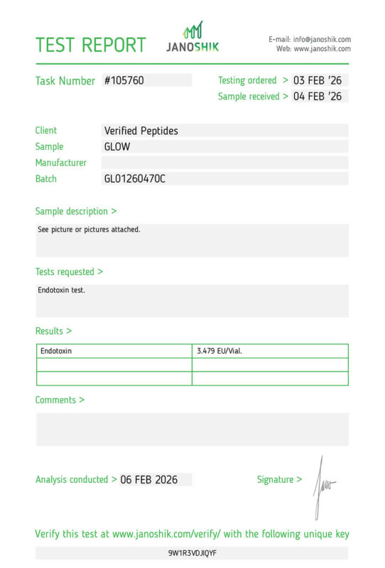 GLOW Peptide Endotoxin Certificate of Analysis Lab Test Report December 2026