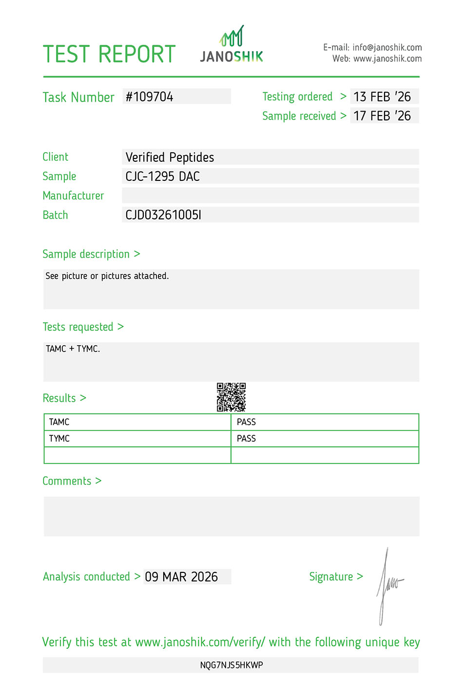 CJC1295 DAC Peptide Sterility Certificate of Analysis Lab Test Report February 2026