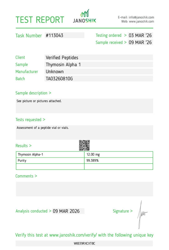 Thymosin Alpha-1 Peptide Purity Certificate of Analysis Lab Test Report March 2026